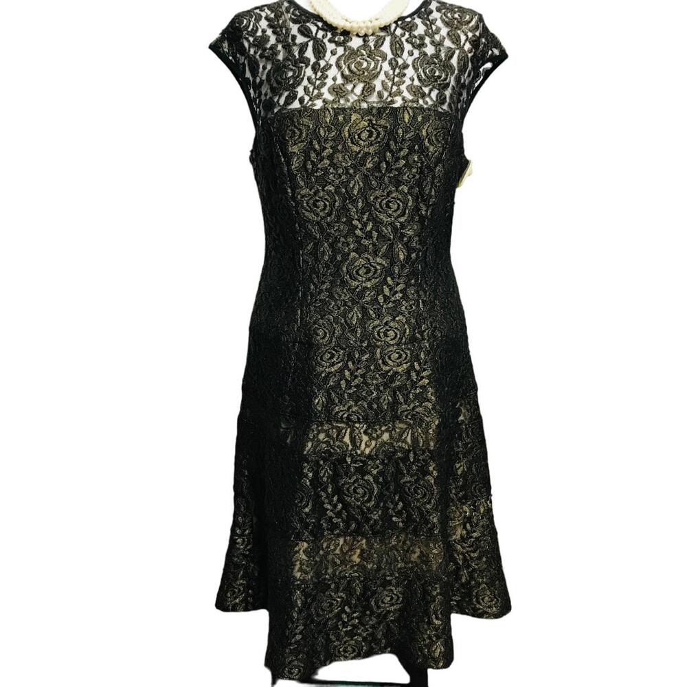 NWT Maggy London Bridesmaid/Prom/Ball Dress Black & Gold Floral Lace Ladies 10
